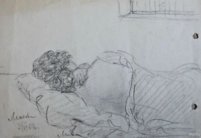 Лот: 15018452. Фото: 1. "Спящая женщина" бумага карандаш... Рисунки, эскизы