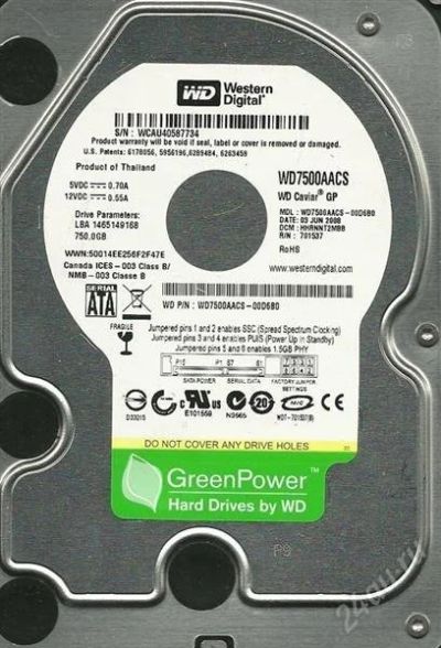 Лот: 1287939. Фото: 1. WD Caviar Green WD7500AACS 16Mb. Жёсткие диски (HDD)