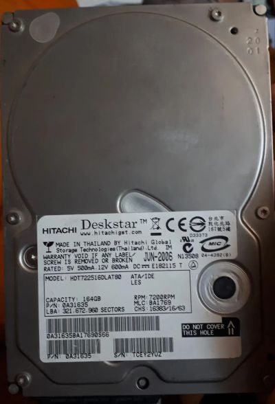 Лот: 19526778. Фото: 1. Жёсткий диск Hitachi, Модель HDT22516DLAT80. Жёсткие диски (HDD)