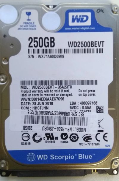 Лот: 12698860. Фото: 1. 250Gb жесткий диск для ноутбука... Жёсткие диски (HDD)