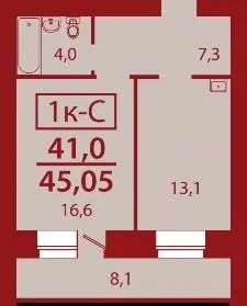 Лот: 10506077. Фото: 1. 1-ком. квартира 45,05 кв.м. в... Квартиры, студии