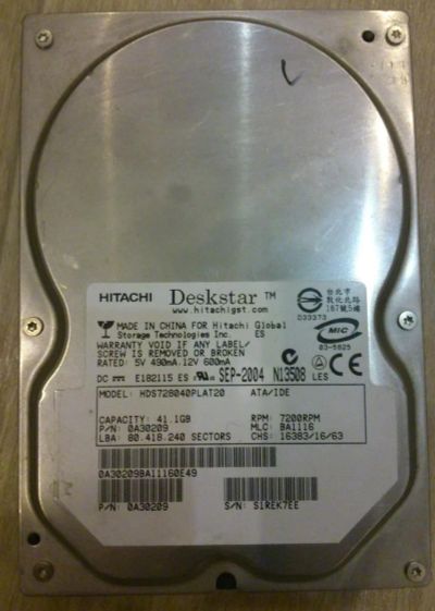 Лот: 8066993. Фото: 1. Жесткий диск Hitachi 40 Gb. Жёсткие диски (HDD)