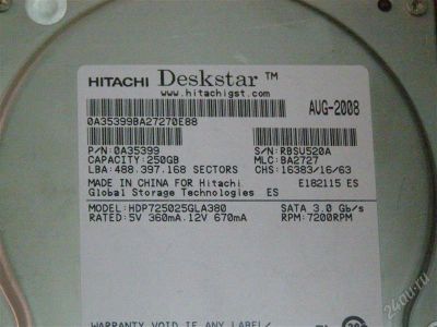 Лот: 2369300. Фото: 1. HDD Hitachi Deskstar HDP725025GLA380... Жёсткие диски (HDD)