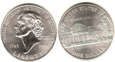 Лот: 9257632. Фото: 1. 1993 г. США. 1 доллар. Томас Джефферсон... Америка