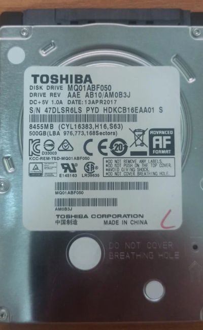 Лот: 18899199. Фото: 1. Жесткий диск Toshiba 500 Гб MQ01ABF050. Жёсткие диски