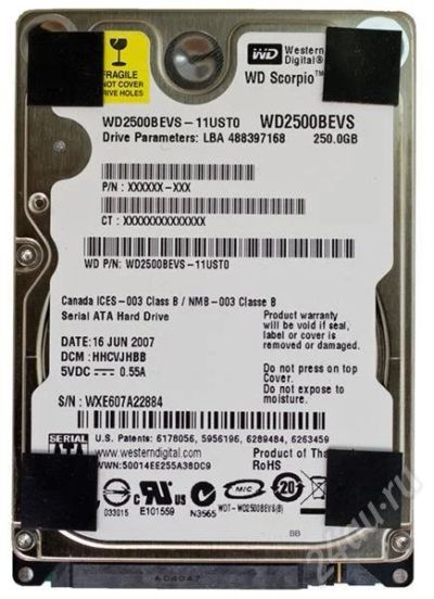 Лот: 653390. Фото: 1. HDD 2.5" 250Gb WD2500BEVS. Жёсткие диски (HDD)