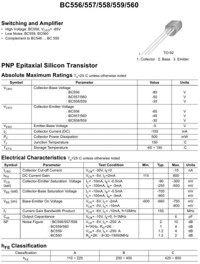 Лот: 19854412. Фото: 1. транзистор BJT BC557B 45B 0.1A... Транзисторы