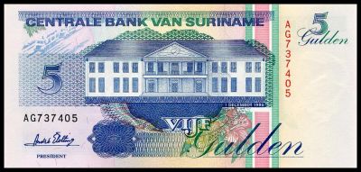 Лот: 4341517. Фото: 1. Суринам. 5 гульденов 1998 г. UNC... Америка