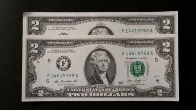 Лот: 4740235. Фото: 1. 2 банкноты по 2 доллара США! Счастливые... Америка