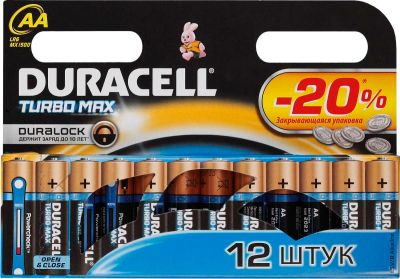 Лот: 7598931. Фото: 1. Батарейка Duracell LR6-12BL Turbo... Батарейки, аккумуляторы, элементы питания