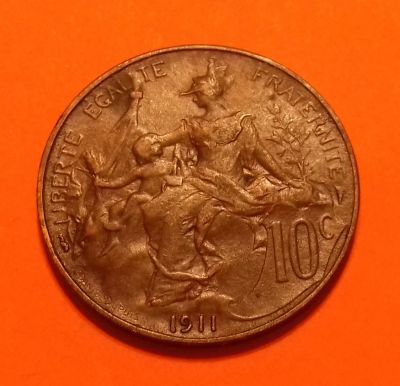 Лот: 19088970. Фото: 1. 10 сантимов 1911 года. Франция... Европа