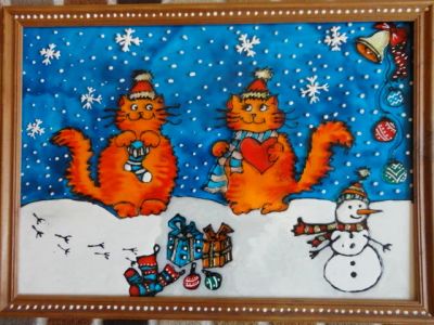 Лот: 8095320. Фото: 1. Картина "Зимние котики". Картины, рисунки