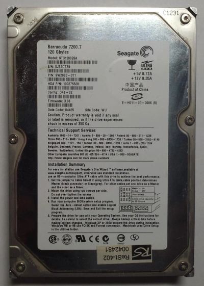 Лот: 5378850. Фото: 1. HDD / Seagate / Model: ST3120026A... Жёсткие диски (HDD)