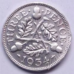 Лот: 103580. Фото: 1. Великобритания. 3 пенса 1934г... Великобритания и острова