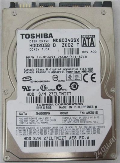 Лот: 1341902. Фото: 1. HDD 2.5 Toshiba 80GB SATA. Жёсткие диски (HDD)