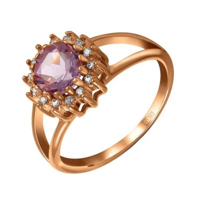 Лот: 23798356. Фото: 1. Золотое кольцо с аметистом и фианитами. Кольца, перстни