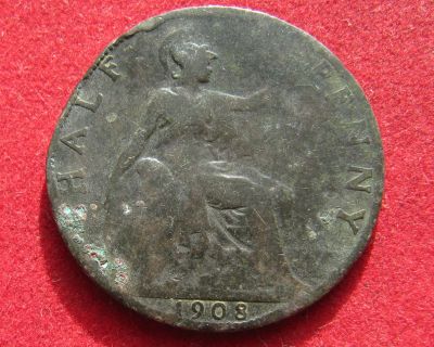 Лот: 20942463. Фото: 1. Великобритания 1/2 пенни, 1908г... Великобритания и острова