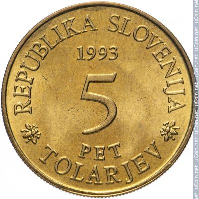 Лот: 19262377. Фото: 1. Словения 5 толаров, 1993 300 лет... Европа