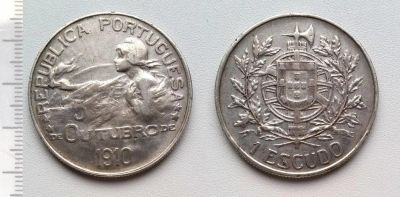 Лот: 7511452. Фото: 1. Португалия. 1 эскудо 1910 (серебро... Европа