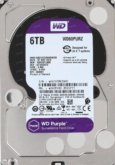 Лот: 19037282. Фото: 1. HDD 6 Tb WD60PURZ для систем видеонаблюдения. Жёсткие диски (HDD)