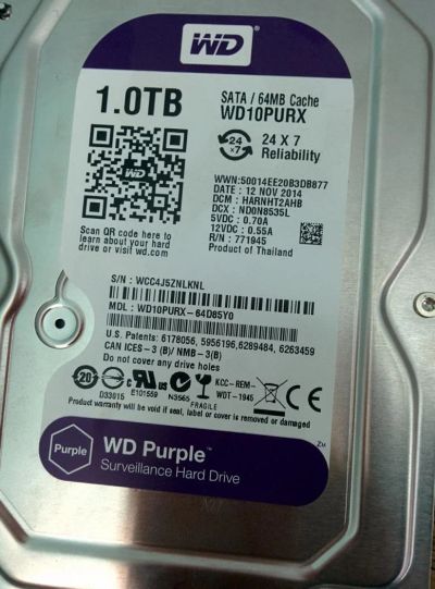 Лот: 10129732. Фото: 1. Жесткий диск 1TB WD Puple. Жёсткие диски (HDD)