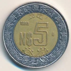 Лот: 9677633. Фото: 1. Мексика - 5 новых песо 1993 год... Америка