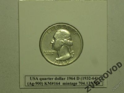 Лот: 5929168. Фото: 1. США 25 центов quarter 1964 D серебро... Америка