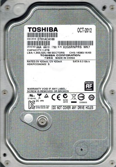 Лот: 4856070. Фото: 1. Жесткий диск Toshiba 1Tb DT01ACA100... Жёсткие диски (HDD)