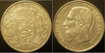 Лот: 16921326. Фото: 1. 5 франков 1873 г Бельгия. Европа