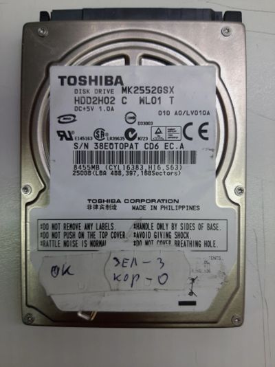 Лот: 15125502. Фото: 1. Жесткий диск Toshiba 250Gb, MK2552GSX... Жёсткие диски (HDD)