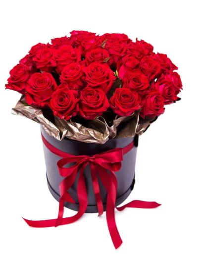 Лот: 14997563. Фото: 1. 25 красных роз в большой шляпной... Свежие цветы