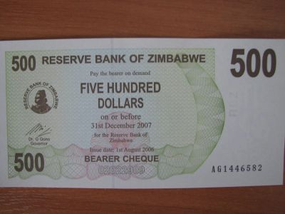 Лот: 4718715. Фото: 1. Зимбабве 500 долларов 2006 года... Африка