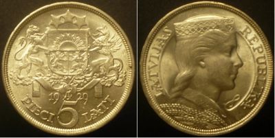 Лот: 16921365. Фото: 1. 5 латов 1929 г Латвия. Страны СНГ и Балтии
