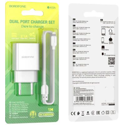 Лот: 22147813. Фото: 1. СЗУ BOROFONE BA-53A 2*USB+Lighting... Зарядные устройства, блоки питания, адаптеры сетевые для смартфонов