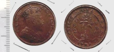 Лот: 8272626. Фото: 1. Цейлон. 1 цент 1909 №18117. Азия