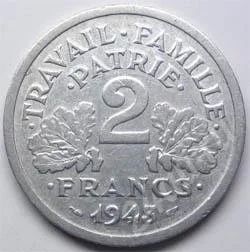 Лот: 211176. Фото: 1. Франция. 2 франка 1943г. Топоры... Европа