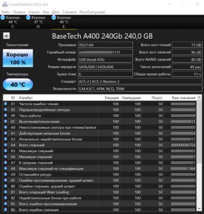 Лот: 17856489. Фото: 1. BaseTech A400 240Gb пробег 11... SSD-накопители