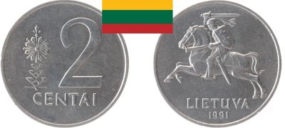 Лот: 19234436. Фото: 1. Литва 2 цента 1991. Страны СНГ и Балтии