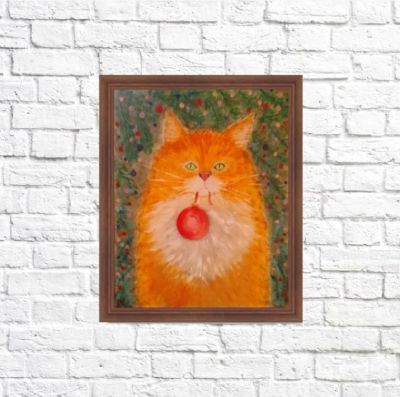 Лот: 25851280. Фото: 1. Картина маслом Рыжий кот с шариком. Картины, гравюры