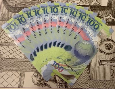 Лот: 15567933. Фото: 1. 100р футбол 2018 10 купюр!!!!!. Сувенирные банкноты, монеты