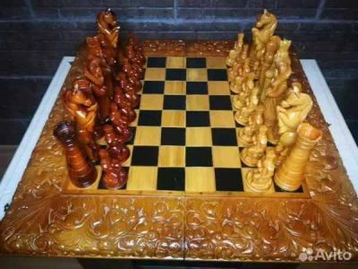 Лот: 21993428. Фото: 1. Деревянные резные шахматы. Винтаж... Шахматы, шашки, нарды