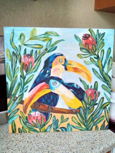 Лот: 12593299. Фото: 1. Картина птицы туканы цветы холст... Картины, гравюры