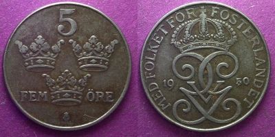 Лот: 15929046. Фото: 1. Швеция 5 эре 1950. Европа