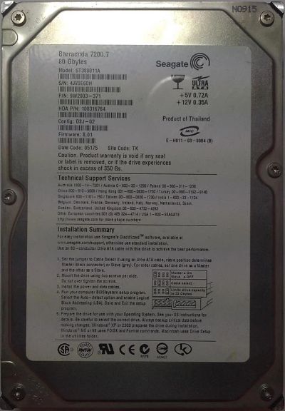 Лот: 3685735. Фото: 1. HDD / Seagate / Model: ST380011A... Жёсткие диски (HDD)