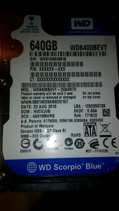 Лот: 8429076. Фото: 1. Жесткий диск 2,5" на 640Gb WD6400BEVT. Жёсткие диски (HDD)