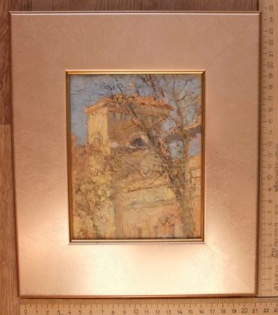 Лот: 14985735. Фото: 1. картина Башня,картон,масло,НХ. Картины, гравюры