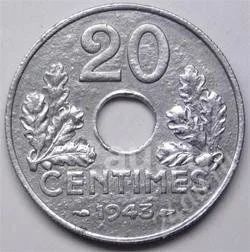 Лот: 18661069. Фото: 1. Франция. 20 сентим 1943г. Цинк... Европа