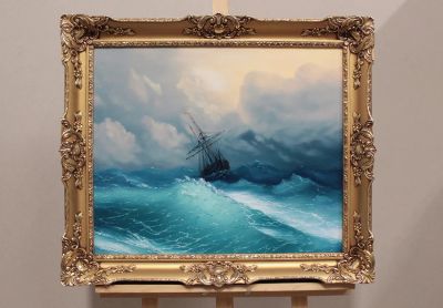 Лот: 19986393. Фото: 1. Картина маслом «Корабль в бурном... Картины, рисунки