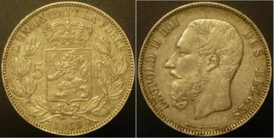 Лот: 16921325. Фото: 1. 5 франков 1869 г Бельгия. Европа