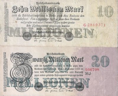 Лот: 25079591. Фото: 1. 10 и 20 миллионов марок 1923 год... Германия и Австрия